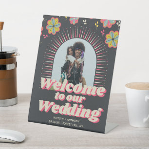 Flower Power 70's Retro Groovy Wedding Welcome Pedestal Sign