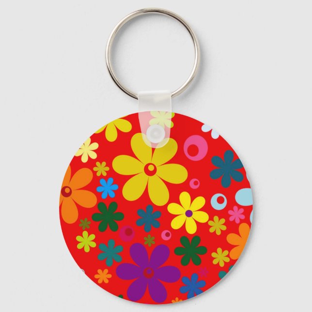FLOWER POWER (a retro colourful floral design) ~~ Key Ring (Front)