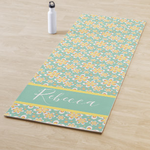 Flower Power Blue Monogram Name Yoga Mats