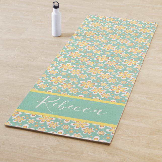Flower Power Blue Monogram Name Yoga Mats (In Situ)