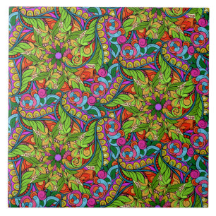 Flower Power! Brightly Coloured Neon Mandala Ceramic Tile