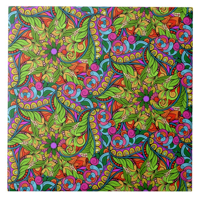 Flower Power! Brightly Coloured Neon Mandala Ceramic Tile (Front)