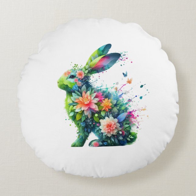 Flower Power Bunny Rabbit Round Cushion (Front)