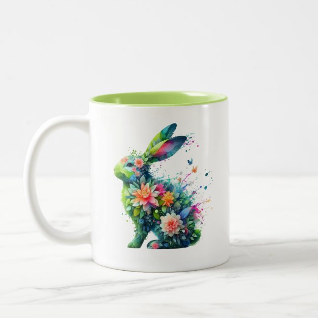 Flower Power Bunny Rabbit Two-Tone Coffee Mug (Left)