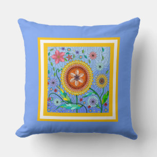 Flower Power! Colourful painted flowers on blue Cushion
