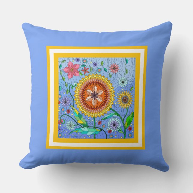 Flower Power! Colourful painted flowers on blue Cushion (Front)