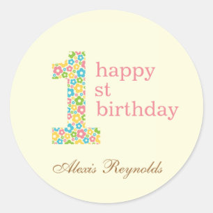 Flower Power First Birthday Favour Sticker - Pink