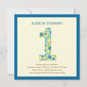 Flower Power First Birthday Invitation - Blue