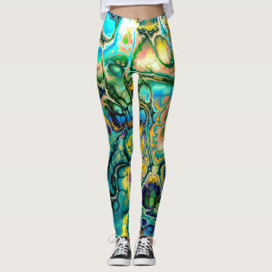 Flower Power FRACTAL BATIK Teal Yellow Blue Salmon Leggings