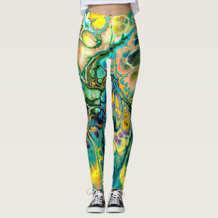 Flower Power FRACTAL BATIK Teal Yellow Blue Salmon Leggings