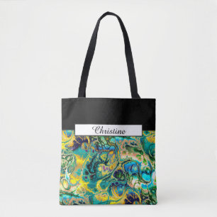 Flower Power FRACTAL BATIK Teal Yellow Blue Salmon Tote Bag