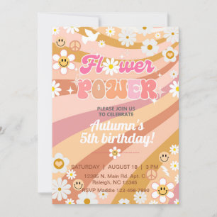 Flower Power Groovy girl 5th birthday invite. Invitation