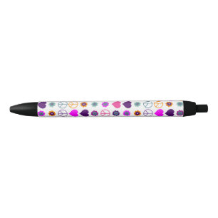 Flower Power Heart Peace Pattern + your backgr. Black Ink Pen