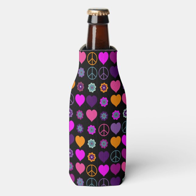 Flower Power Heart Peace Pattern + your backgr. Bottle Cooler (Bottle Front)