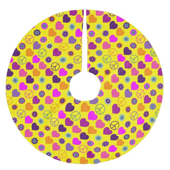 Flower Power Heart Peace Pattern + your backgr. Brushed Polyester Tree Skirt (Front)
