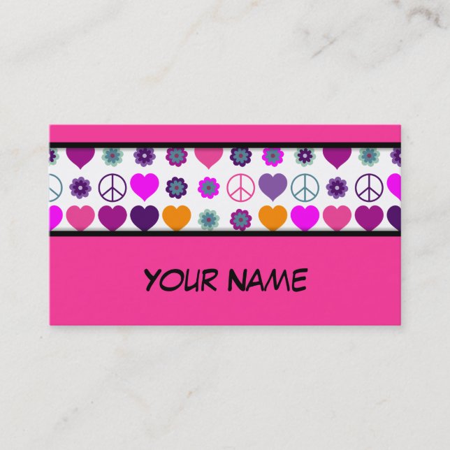Flower Power Heart Peace Pattern + your backgr. Business Card (Front)