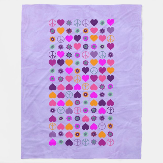 Flower Power Heart Peace Pattern + your backgr. Fleece Blanket (Front)