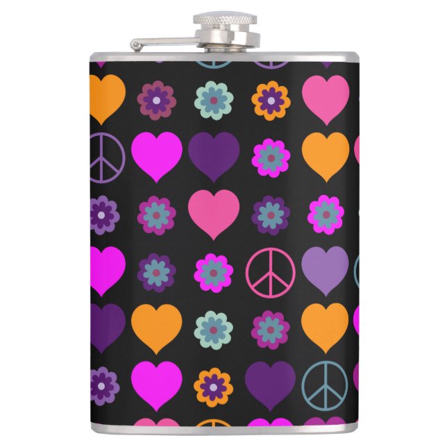 Flower Power Heart Peace Pattern + your backgr. Hip Flask (Front)