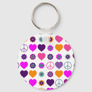 Flower Power Heart Peace Pattern + your backgr. Key Ring