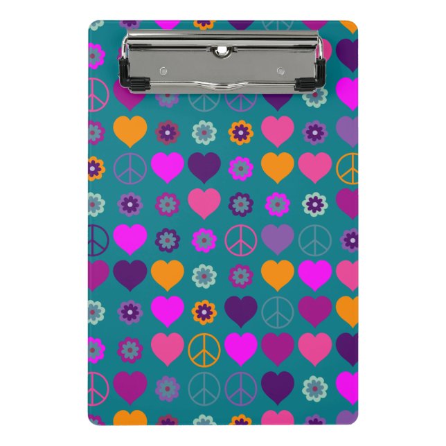 Flower Power Heart Peace Pattern + your backgr. Mini Clipboard (Front)
