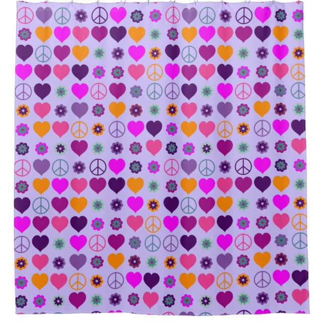 Flower Power Heart Peace Pattern + your backgr. Shower Curtain (Front)