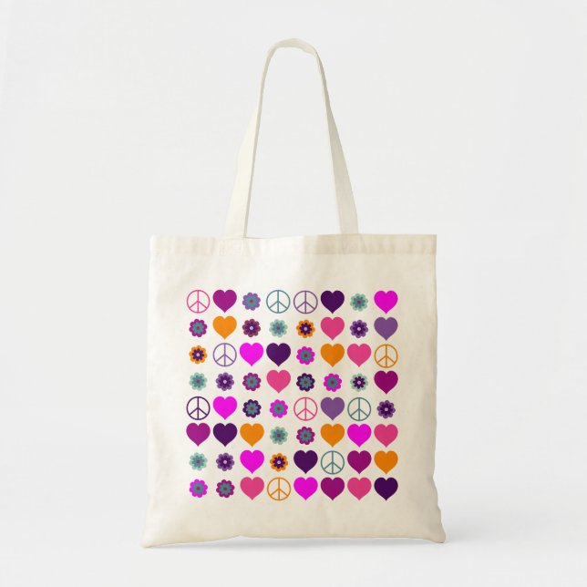 Flower Power Heart Peace Pattern + your backgr. Tote Bag (Front)