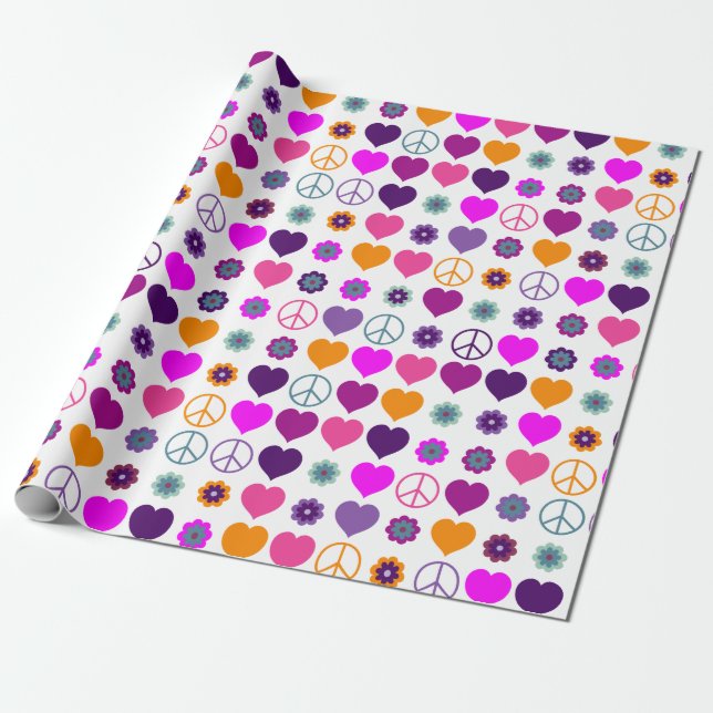 Flower Power Heart Peace Pattern + your backgr. Wrapping Paper (Unrolled)
