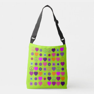 Flower Power Hearts Peace Blooms Pattern Crossbody Bag