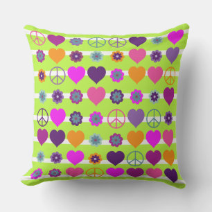 Flower Power Hearts Peace Blooms Pattern Outdoor Cushion