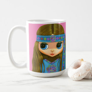 Flower Power Hippie Chick Headband Big Eyes Cute Coffee Mug