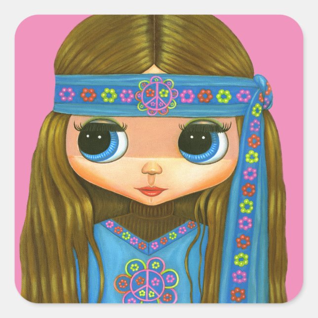 Flower Power Hippie Chick Headband Big Eyes Cute Square Sticker (Front)