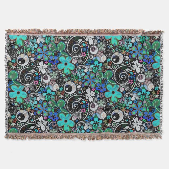 FLOWER POWER OCEAN BLUE pattern + your idea Throw Blanket (Front)