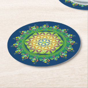 Flower Power of Life / Blume des Lebens - green Round Paper Coaster