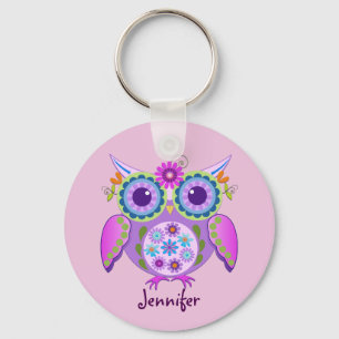 Flower power Owl & custom Name Key Ring