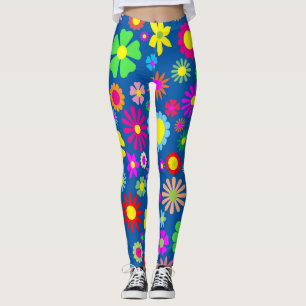 Flower power pattern on blue leggings