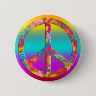 Flower Power Peace   coloured lines 6 Cm Round Badge