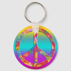 Flower Power Peace   coloured lines Key Ring