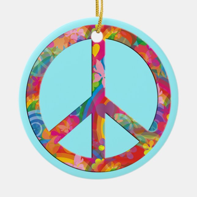 Flower Power Peace | cyan Ceramic Tree Decoration (Front)