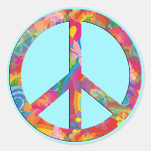 Flower Power Peace   cyan Classic Round Sticker