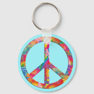 Flower Power Peace cyan Key Ring