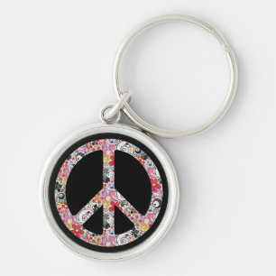 Flower Power Peace I   black Key Ring