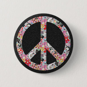 Flower Power Peace I   black splatter 6 Cm Round Badge