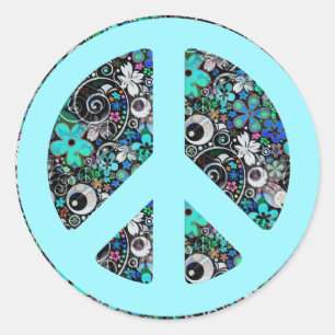 Flower Power Peace II   cyan Classic Round Sticker