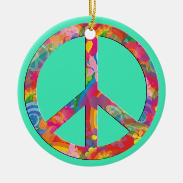Flower Power Peace | mint Ceramic Tree Decoration (Front)