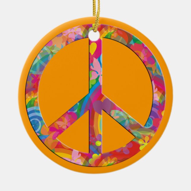 Flower Power Peace | orange Ceramic Tree Decoration (Front)