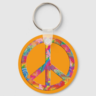 Flower Power Peace   orange Key Ring