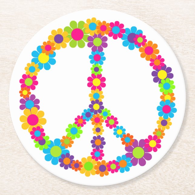 Flower Power Peace Round Paper Coaster (Front)