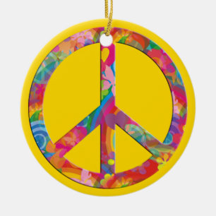 Flower Power Peace yellow Ceramic Tree Decoration
