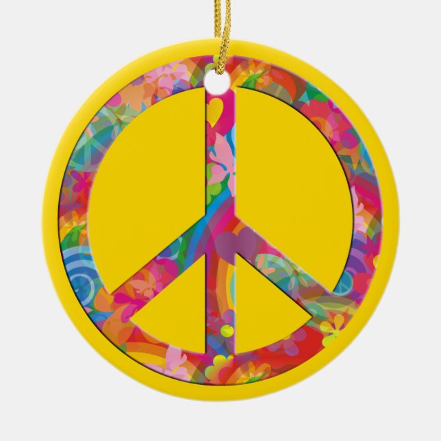Flower Power Peace | yellow Ceramic Tree Decoration (Front)