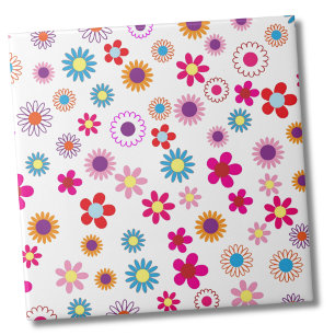 Flower Power Print - Pink Magenta Yellow White Flo Ceramic Tile
